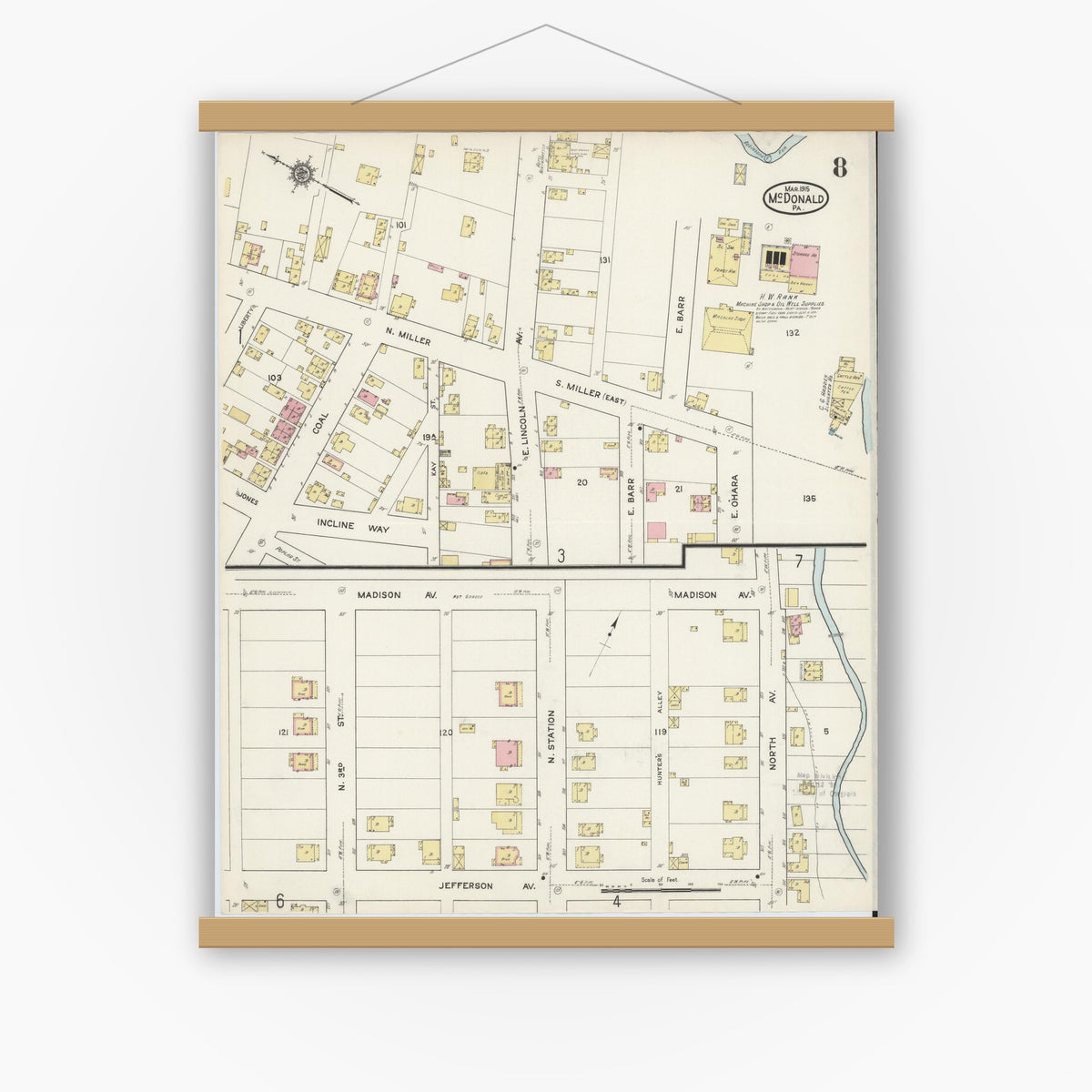 Old map wall art mockup — magnetic wood frame on white wall — Sanborn Fire Insurance Map from McDonald, Washington County, Pennsylvania (1915), Sheet #0008