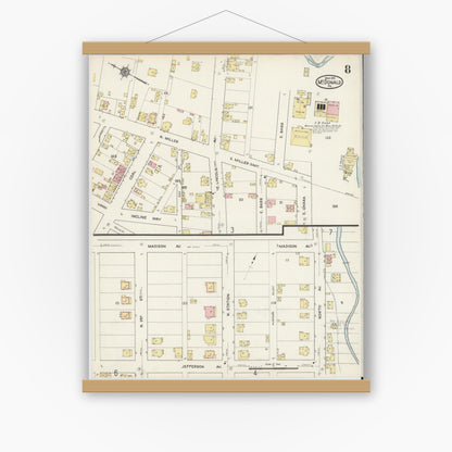 Old map wall art mockup — magnetic wood frame on white wall — Sanborn Fire Insurance Map from McDonald, Washington County, Pennsylvania (1915), Sheet #0008