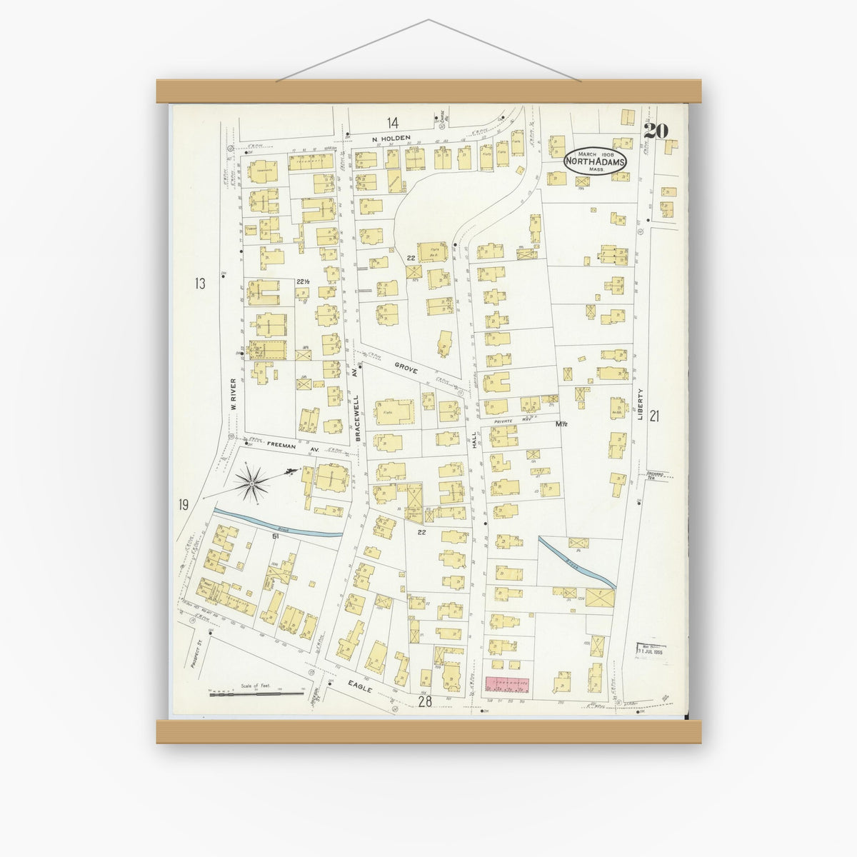 Old map wall art mockup — magnetic wood frame on white wall — Sanborn Fire Insurance Map from North Adams, Berkshire County, Massachusetts (1908), Sheet #0020