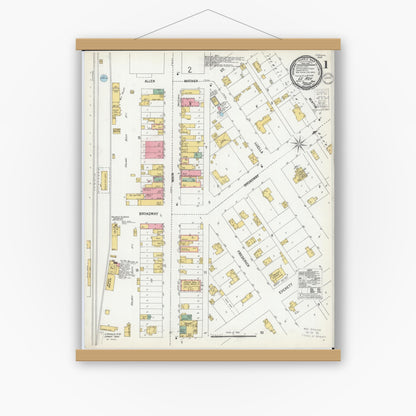 Old map wall art mockup — magnetic wood frame on white wall — Sanborn Fire Insurance Map from Le Roy, Mower County, Minnesota (1900), Sheet #0001