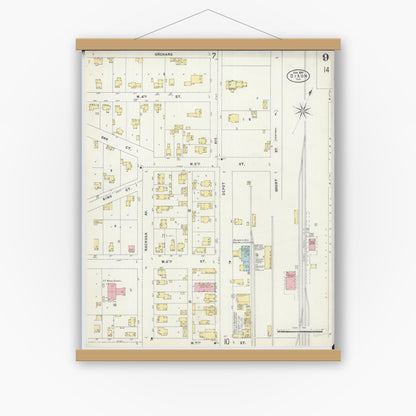 Old map wall art mockup — magnetic wood frame on white wall — Sanborn Fire Insurance Map from Dixon, Lee County, Illinois (1897), Sheet #0009