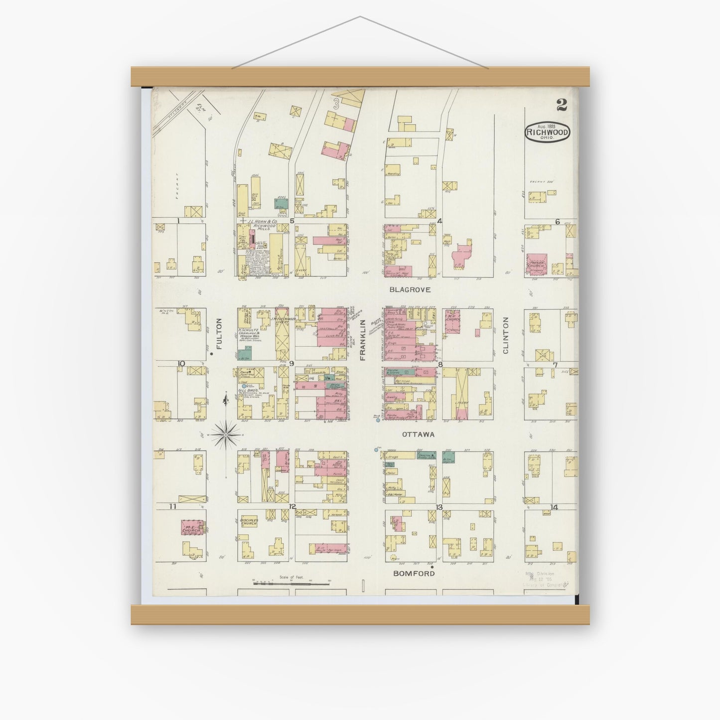 Old map wall art mockup — magnetic wood frame on white wall — Sanborn Fire Insurance Map from Richwood, Union County, Ohio (1893), Sheet #0002