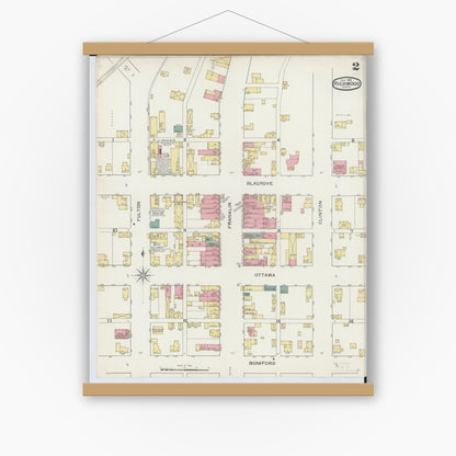 Old map wall art mockup — magnetic wood frame on white wall — Sanborn Fire Insurance Map from Richwood, Union County, Ohio (1893), Sheet #0002