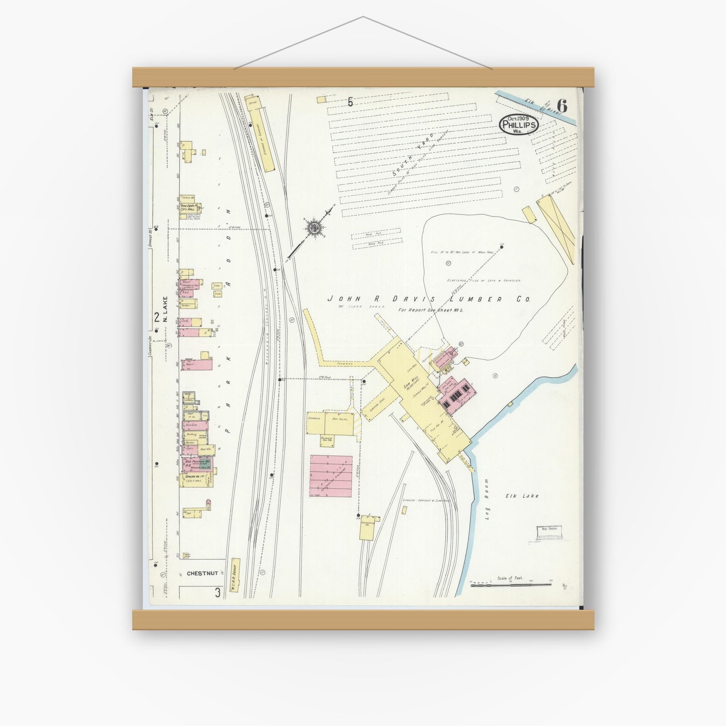 Old map wall art mockup — magnetic wood frame on white wall — Sanborn Fire Insurance Map from Phillips, Price County, Wisconsin (1909), Sheet #0006