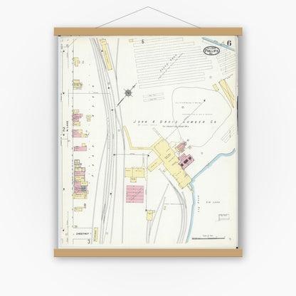 Old map wall art mockup — magnetic wood frame on white wall — Sanborn Fire Insurance Map from Phillips, Price County, Wisconsin (1909), Sheet #0006