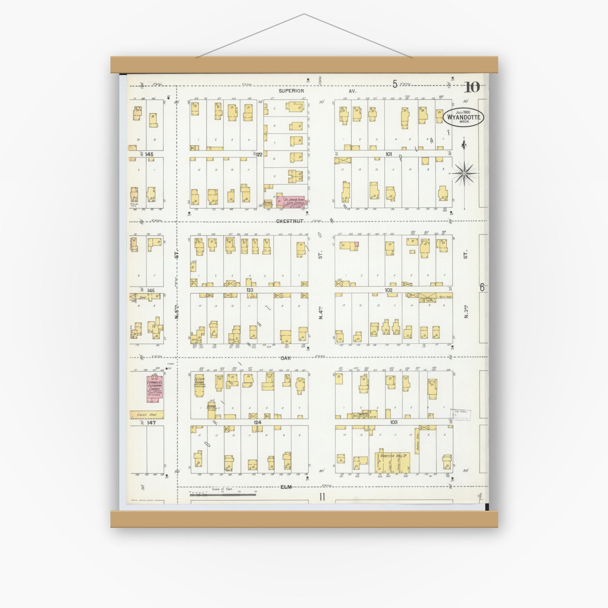Old map wall art mockup — magnetic wood frame on white wall — Sanborn Fire Insurance Map from Wyandotte, Wayne County, Michigan (1900), Sheet #0010
