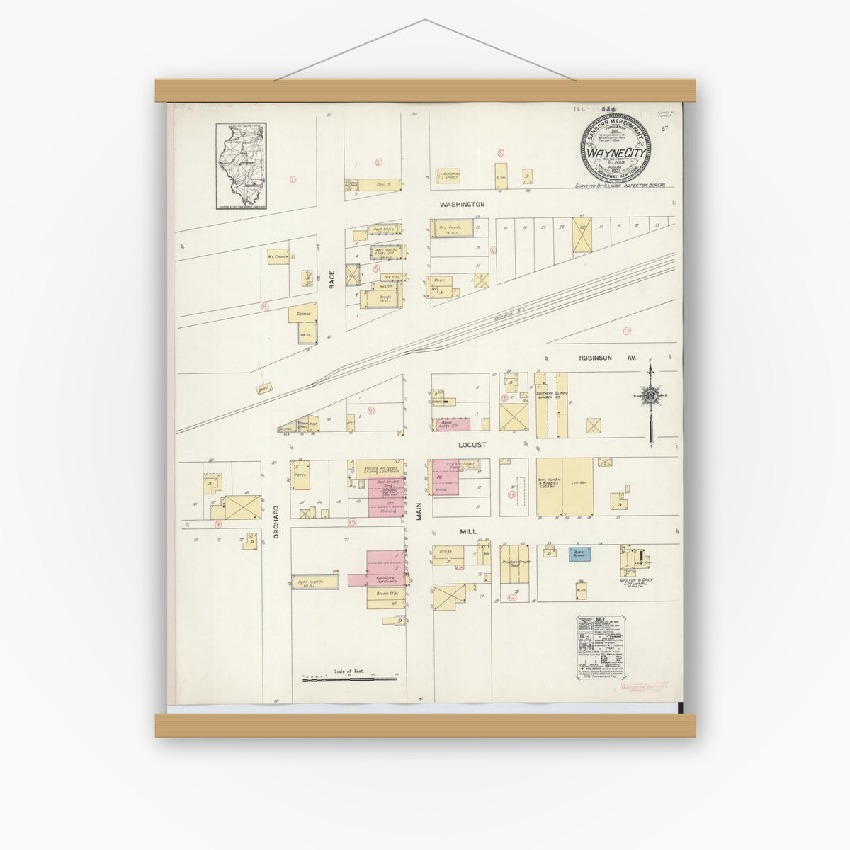 Old map wall art mockup — magnetic wood frame on white wall — Sanborn Fire Insurance Map from Wayne City, Wayne County, Illinois (1921), Sheet #0001
