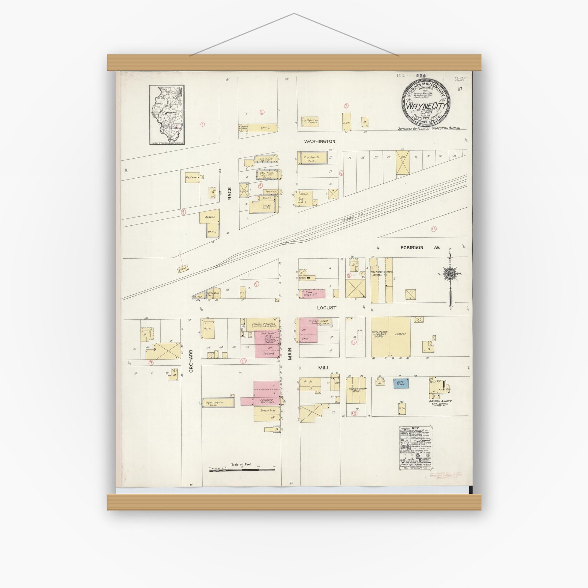 Old map wall art mockup — magnetic wood frame on white wall — Sanborn Fire Insurance Map from Wayne City, Wayne County, Illinois (1921), Sheet #0001