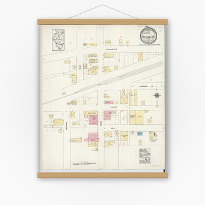 Old map wall art mockup — magnetic wood frame on white wall — Sanborn Fire Insurance Map from Wayne City, Wayne County, Illinois (1921), Sheet #0001