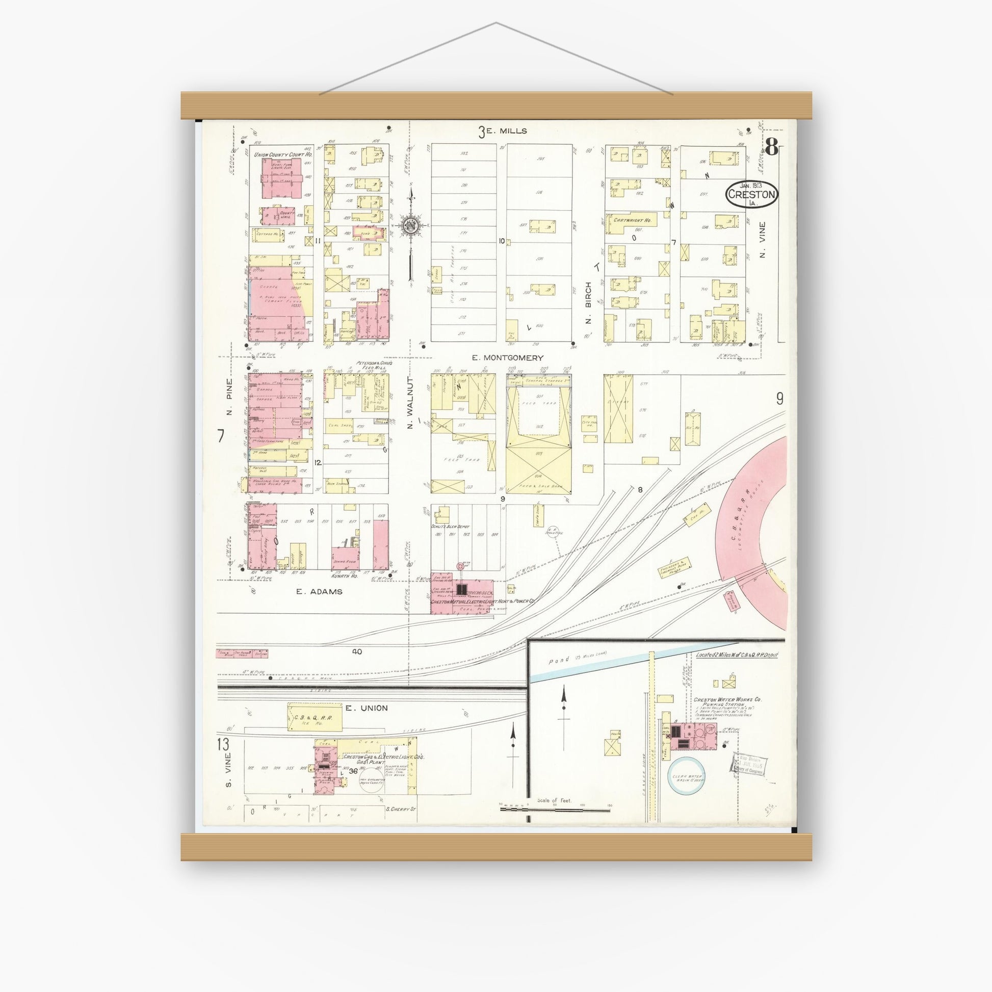 Old map wall art mockup — magnetic wood frame on white wall — Sanborn Fire Insurance Map from Creston, Union County, Iowa (1913), Sheet #0008