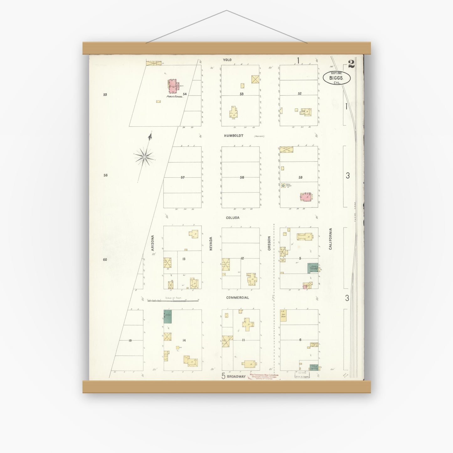 Old map wall art mockup — magnetic wood frame on white wall — Sanborn Fire Insurance Map from Biggs, Butte County, California (1902), Sheet #0002