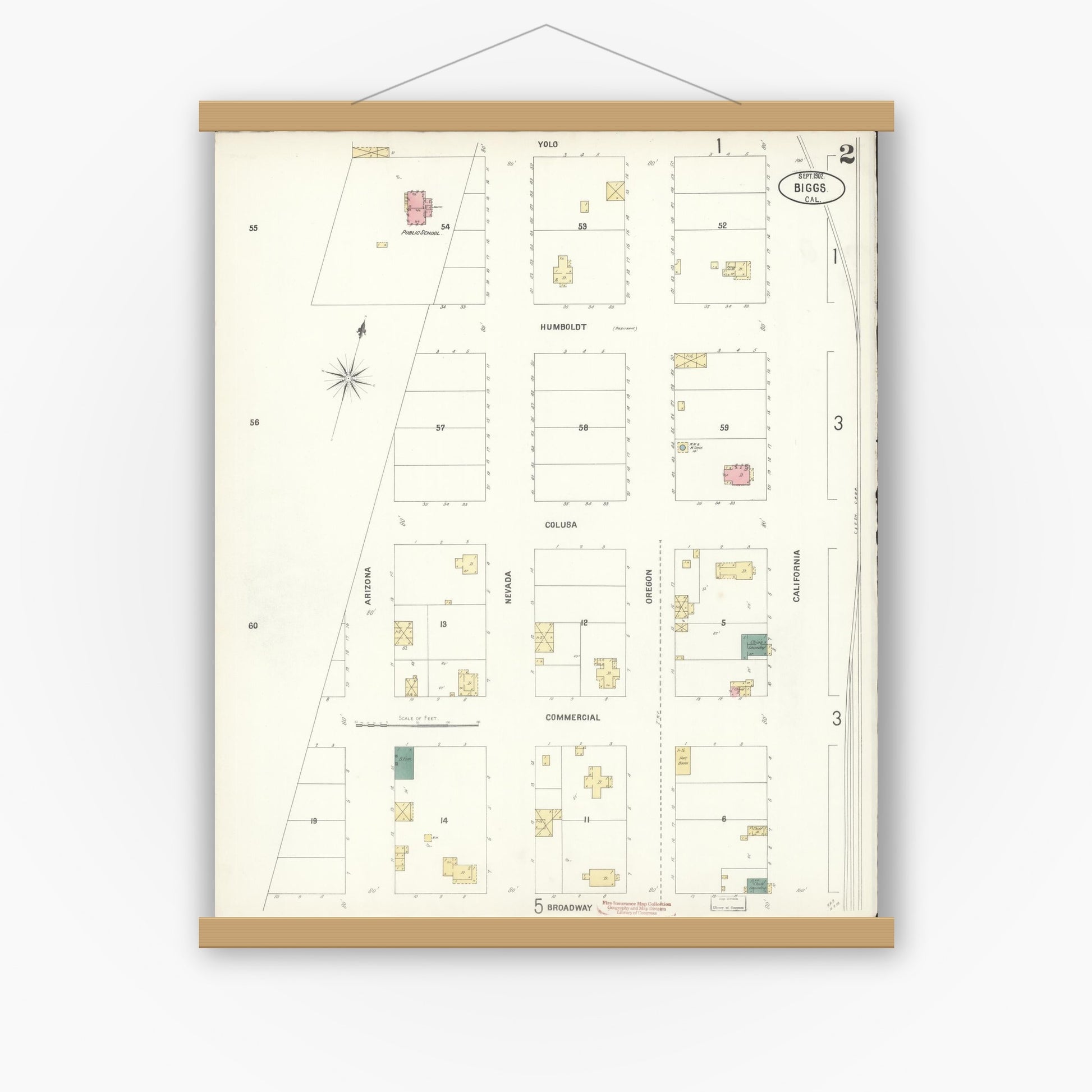Old map wall art mockup — magnetic wood frame on white wall — Sanborn Fire Insurance Map from Biggs, Butte County, California (1902), Sheet #0002