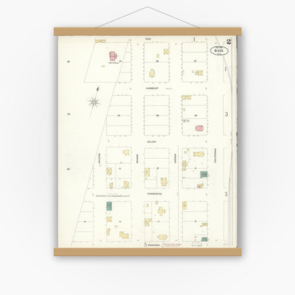 Old map wall art mockup — magnetic wood frame on white wall — Sanborn Fire Insurance Map from Biggs, Butte County, California (1902), Sheet #0002