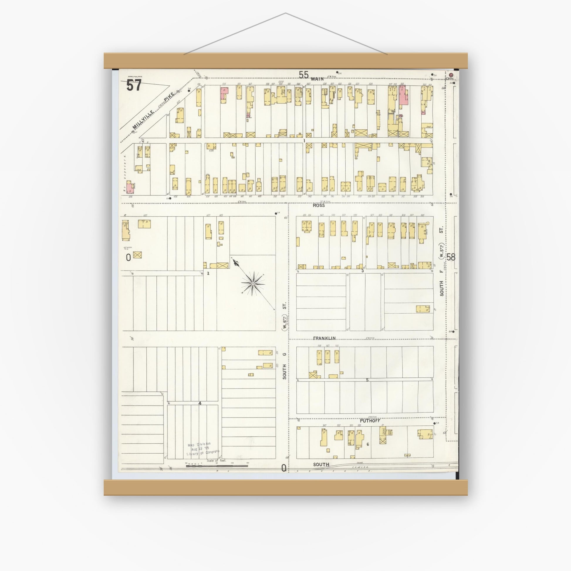 Old map wall art mockup — magnetic wood frame on white wall — Sanborn Fire Insurance Map from Hamilton, Butler County, Ohio (1899), Sheet #0057