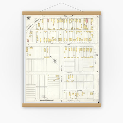 Old map wall art mockup — magnetic wood frame on white wall — Sanborn Fire Insurance Map from Hamilton, Butler County, Ohio (1899), Sheet #0057