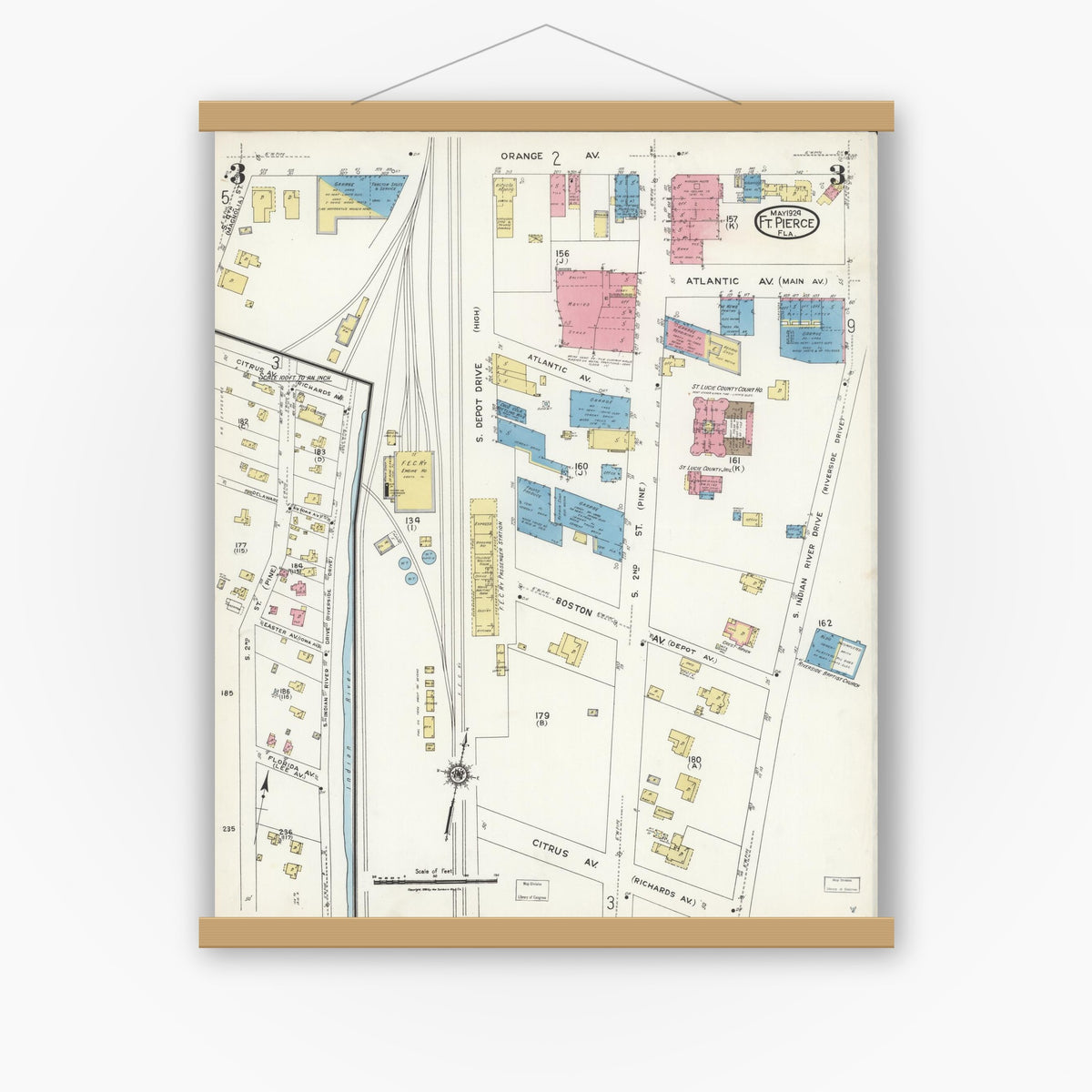 Old map wall art mockup — magnetic wood frame on white wall — Sanborn Fire Insurance Map from Fort Pierce, St Lucie County, Florida (1924), Sheet #0003