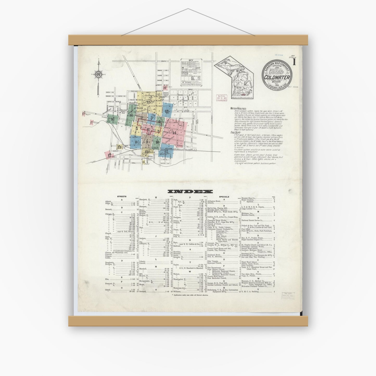 Old map wall art mockup — magnetic wood frame on white wall — Sanborn Fire Insurance Map from Coldwater, Branch County, Michigan (1914) - Complete Map Set