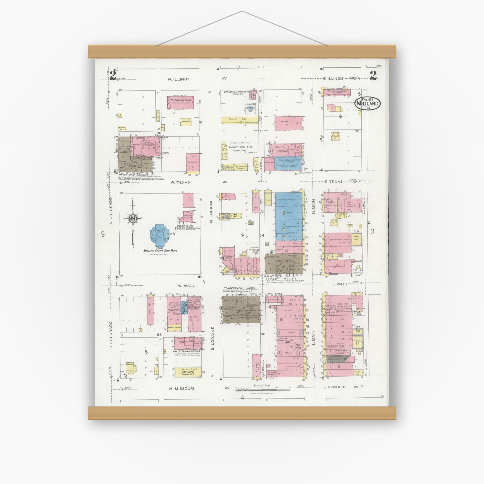 Old map wall art mockup — magnetic wood frame on white wall — Sanborn Fire Insurance Map from Midland, Midland County, Texas (1929), Sheet #0002