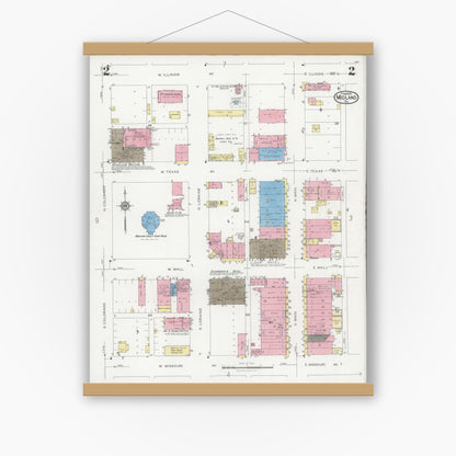 Old map wall art mockup — magnetic wood frame on white wall — Sanborn Fire Insurance Map from Midland, Midland County, Texas (1929), Sheet #0002