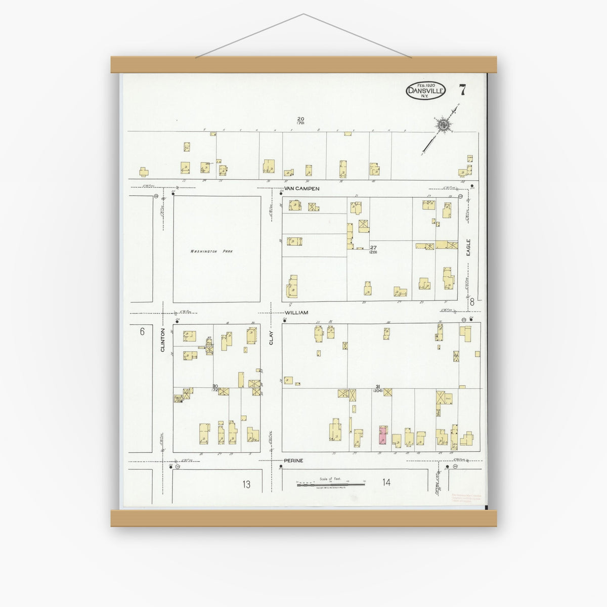 Old map wall art mockup — magnetic wood frame on white wall — Sanborn Fire Insurance Map from Dansville, Livingston County, New York (1920), Sheet #0007