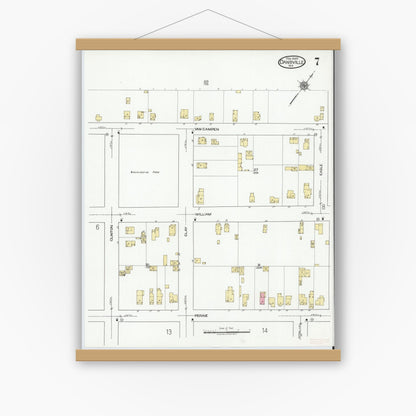 Old map wall art mockup — magnetic wood frame on white wall — Sanborn Fire Insurance Map from Dansville, Livingston County, New York (1920), Sheet #0007
