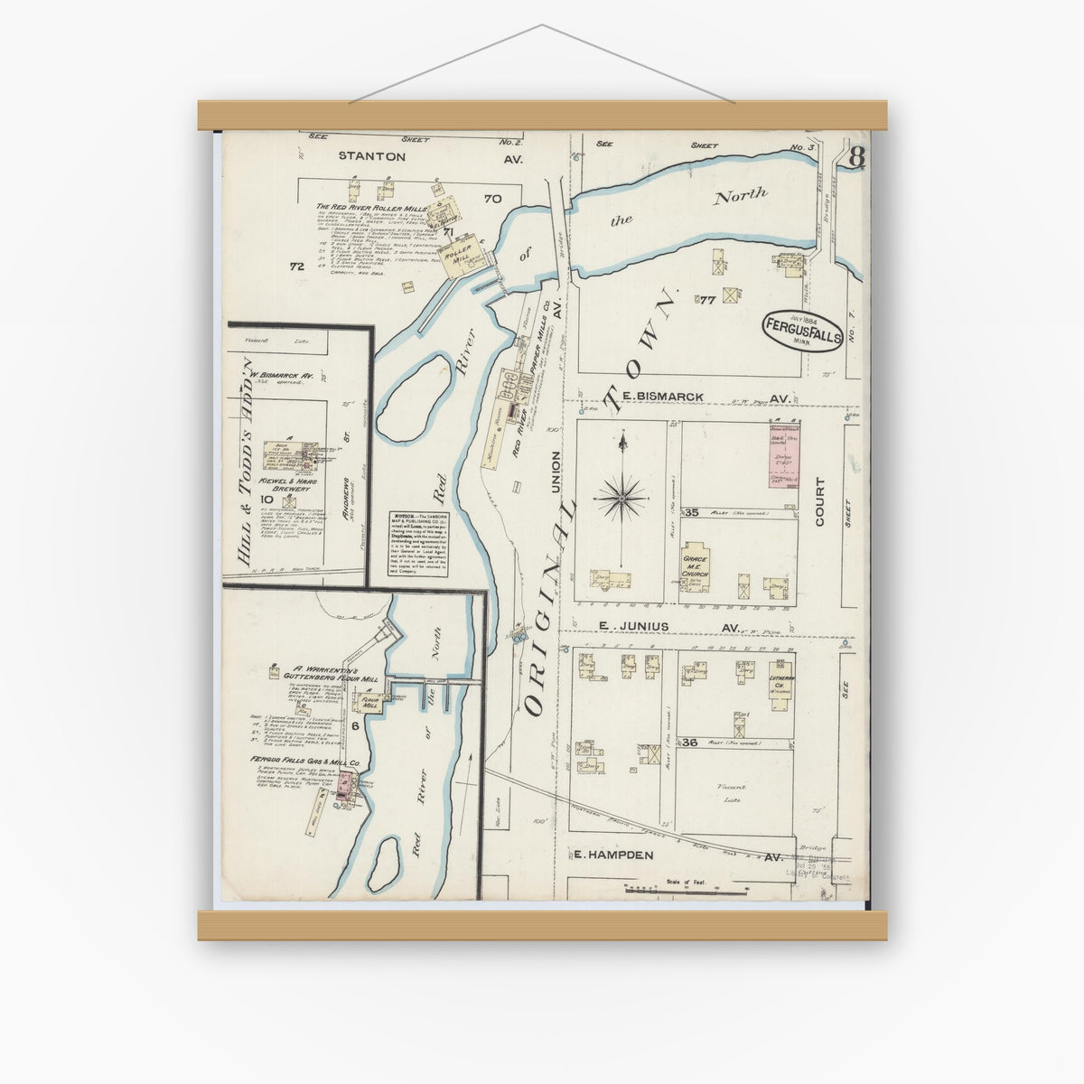 Old map wall art mockup — magnetic wood frame on white wall — Sanborn Fire Insurance Map from Fergus Falls, Otter Tail County, Minnesota (1884), Sheet #0008