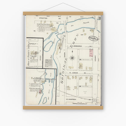 Old map wall art mockup — magnetic wood frame on white wall — Sanborn Fire Insurance Map from Fergus Falls, Otter Tail County, Minnesota (1884), Sheet #0008