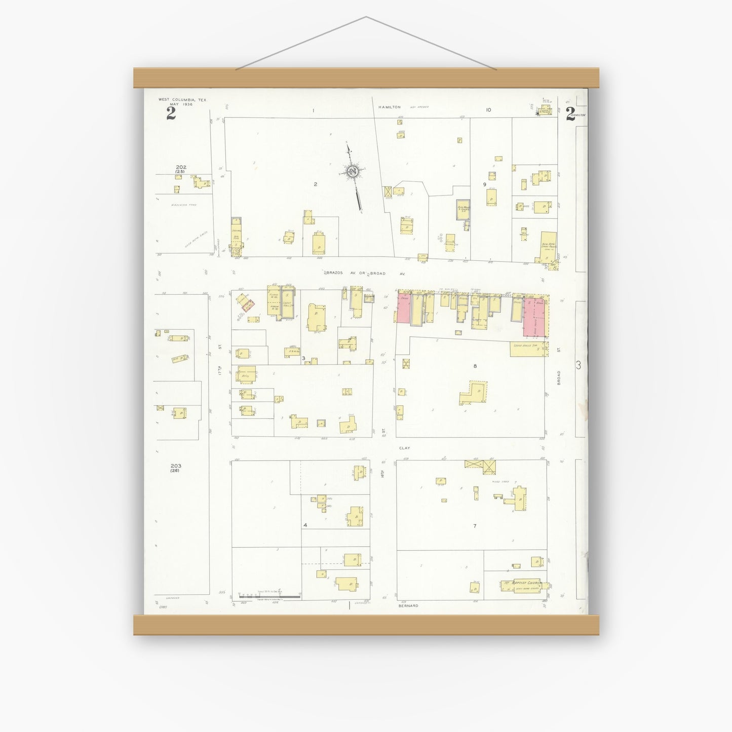 Old map wall art mockup — magnetic wood frame on white wall — Sanborn Fire Insurance Map from West Columbia, Brazoria County, Texas (1936), Sheet #0002