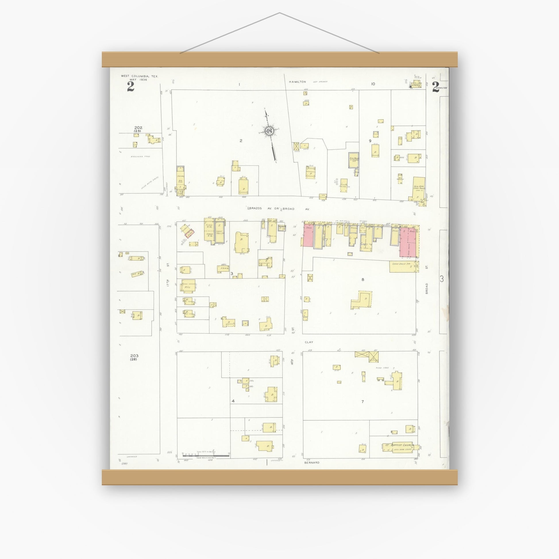 Old map wall art mockup — magnetic wood frame on white wall — Sanborn Fire Insurance Map from West Columbia, Brazoria County, Texas (1936), Sheet #0002