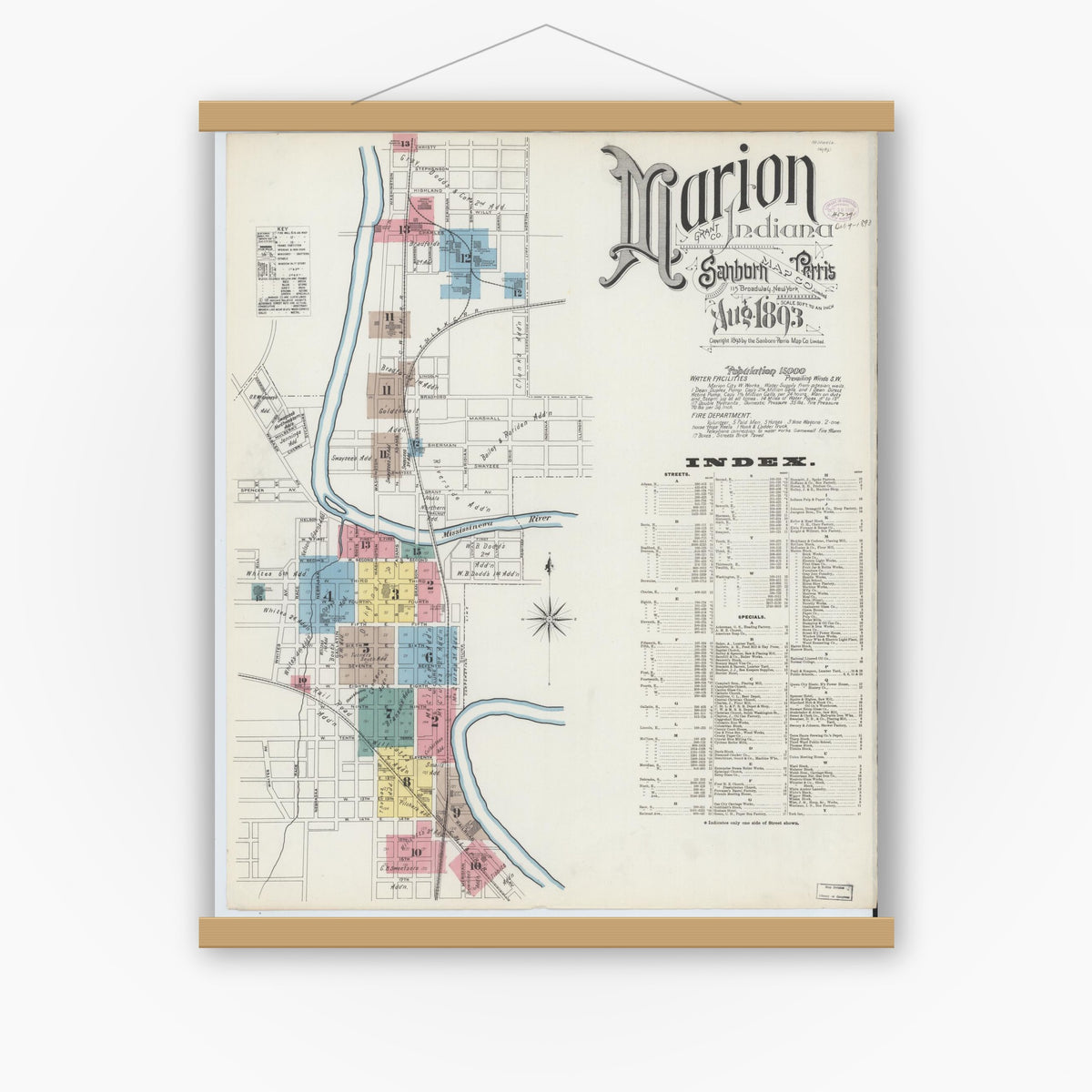 Old map wall art mockup — magnetic wood frame on white wall — Sanborn Fire Insurance Map from Marion, Grant County, Indiana (1893) - Complete Map Set