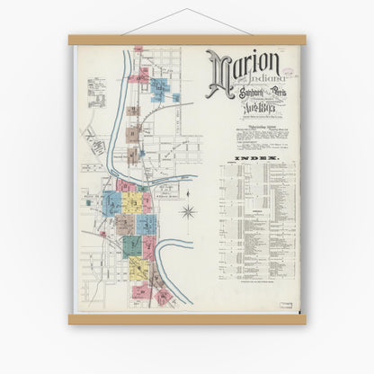 Old map wall art mockup — magnetic wood frame on white wall — Sanborn Fire Insurance Map from Marion, Grant County, Indiana (1893) - Complete Map Set
