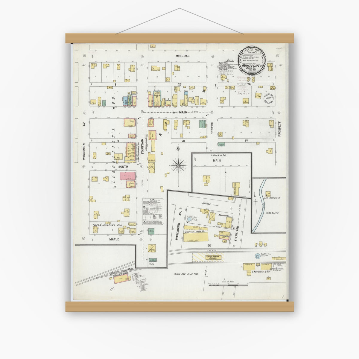Old map wall art mockup — magnetic wood frame on white wall — Sanborn Fire Insurance Map from Montfort, Grant County, Wisconsin (1899), Sheet #0001