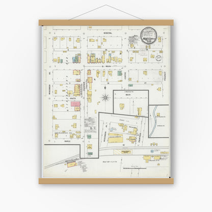 Old map wall art mockup — magnetic wood frame on white wall — Sanborn Fire Insurance Map from Montfort, Grant County, Wisconsin (1899), Sheet #0001