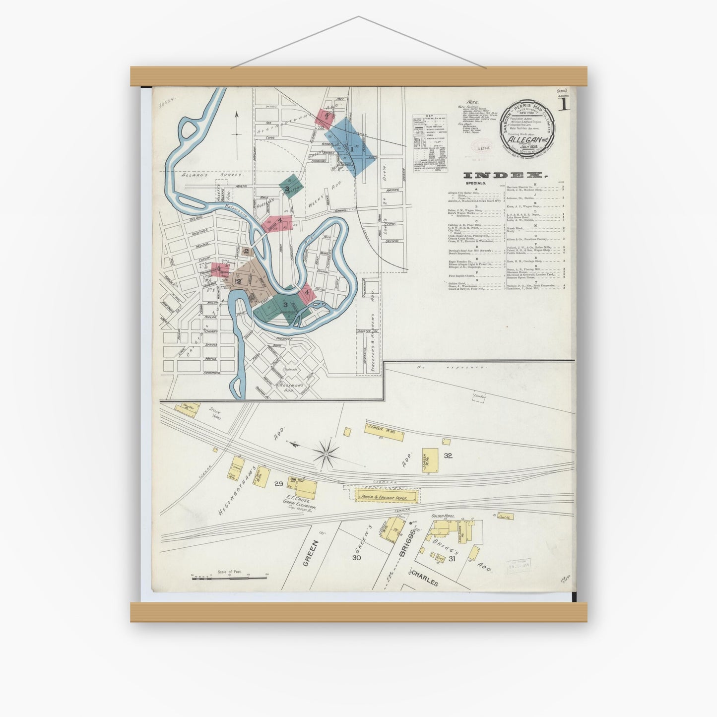 Old map wall art mockup — magnetic wood frame on white wall — Sanborn Fire Insurance Map from Allegan, Allegan County, Michigan (1893) - Complete Map Set