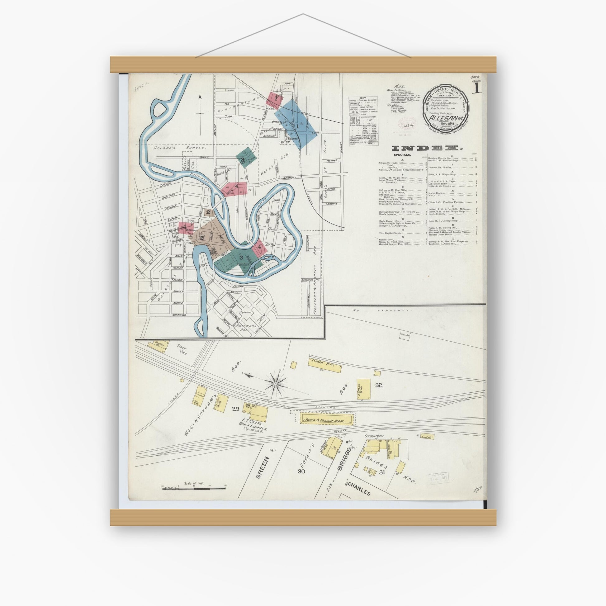 Old map wall art mockup — magnetic wood frame on white wall — Sanborn Fire Insurance Map from Allegan, Allegan County, Michigan (1893) - Complete Map Set