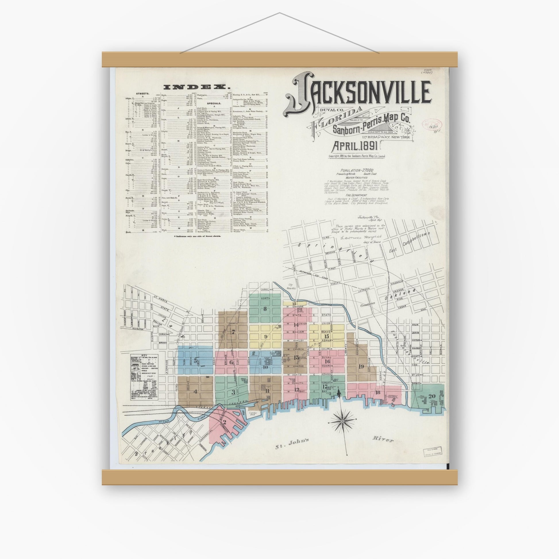 Old map wall art mockup — magnetic wood frame on white wall — Sanborn Fire Insurance Map from Jacksonville, Duval County, Florida (1891) - Complete Map Set