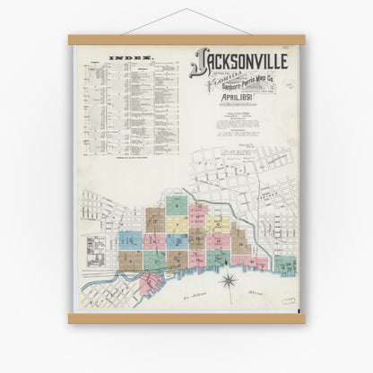 Old map wall art mockup — magnetic wood frame on white wall — Sanborn Fire Insurance Map from Jacksonville, Duval County, Florida (1891) - Complete Map Set