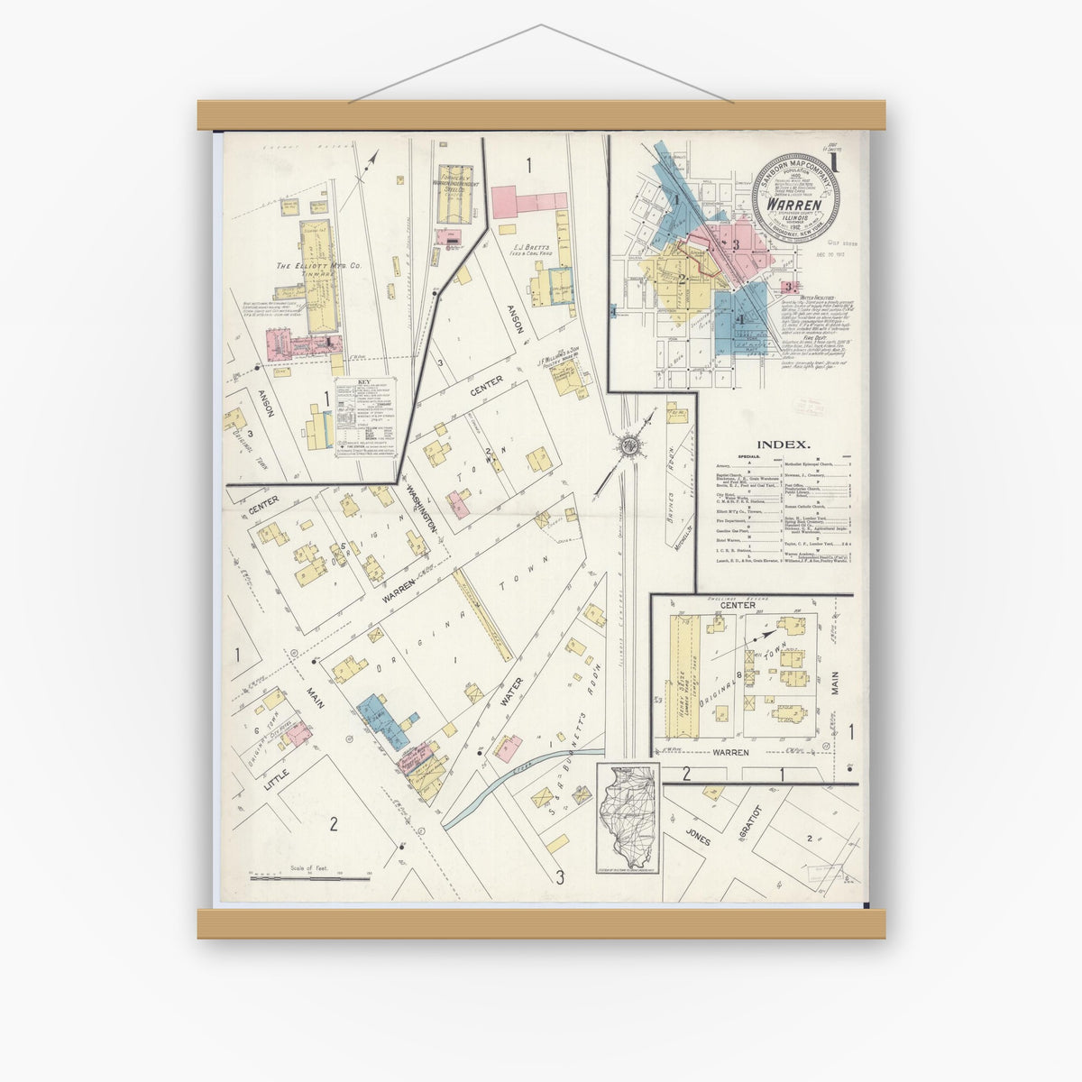 Old map wall art mockup — magnetic wood frame on white wall — Sanborn Fire Insurance Map from Warren, Jo Daviess County, Illinois (1912), Sheet #0001
