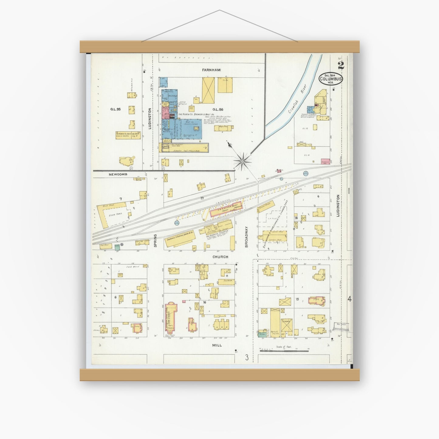 Old map wall art mockup — magnetic wood frame on white wall — Sanborn Fire Insurance Map from Columbus, Columbia and Dodge County, Wisconsin (1904), Sheet #0002