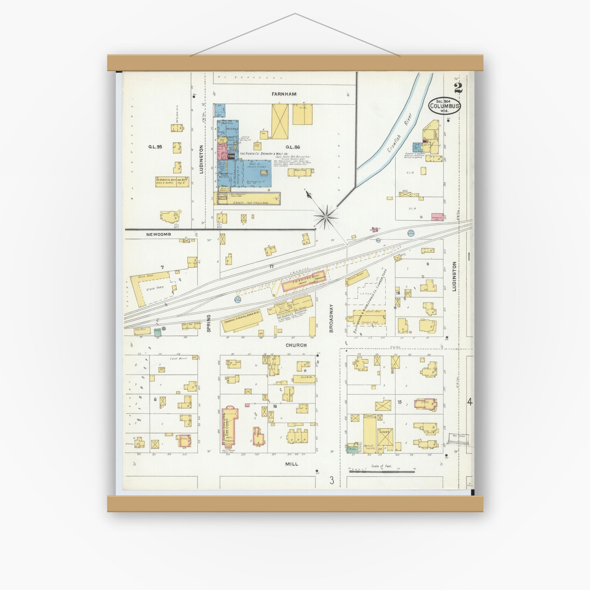 Old map wall art mockup — magnetic wood frame on white wall — Sanborn Fire Insurance Map from Columbus, Columbia and Dodge County, Wisconsin (1904), Sheet #0002