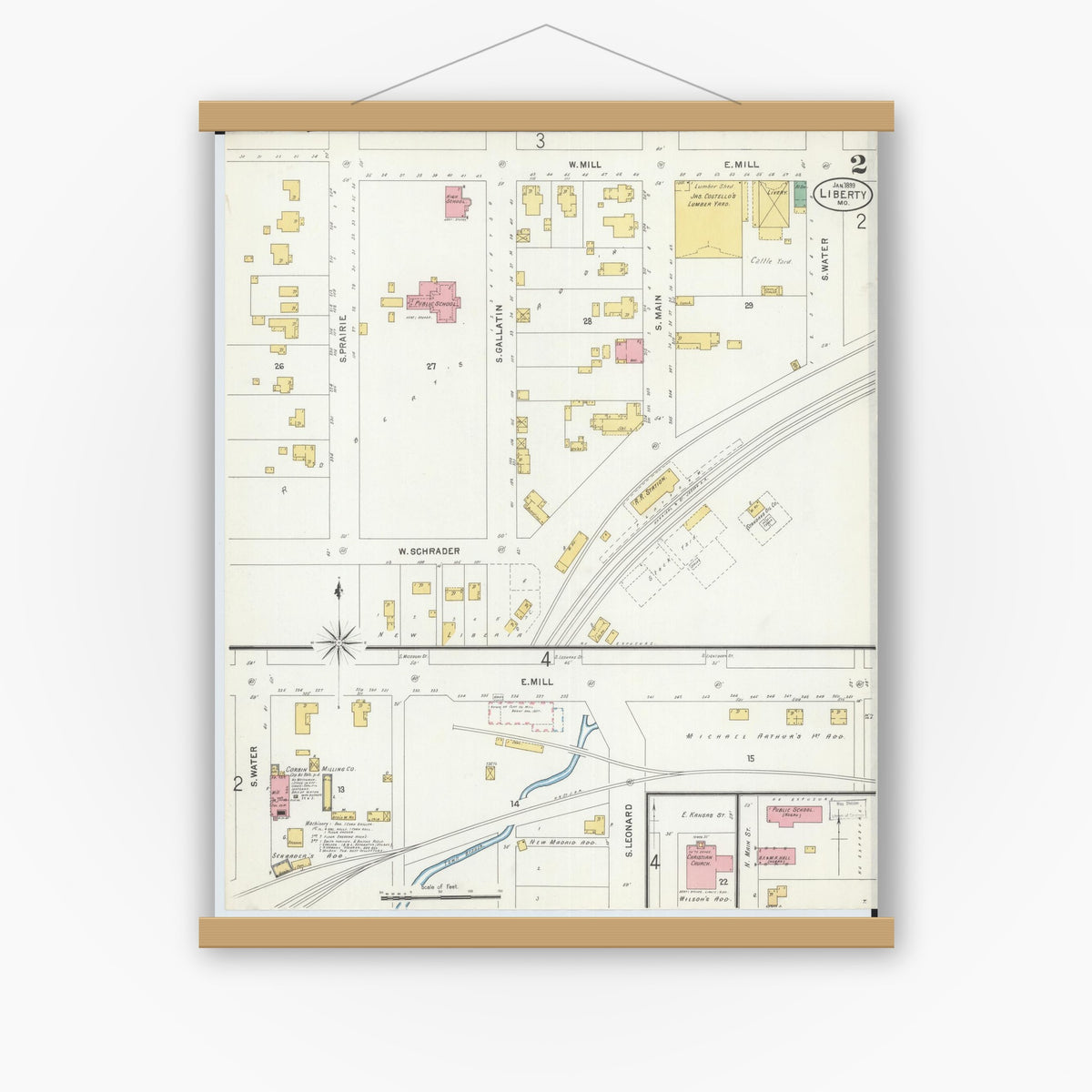 Old map wall art mockup — magnetic wood frame on white wall — Sanborn Fire Insurance Map from Liberty, Clay County, Missouri (1899), Sheet #0002
