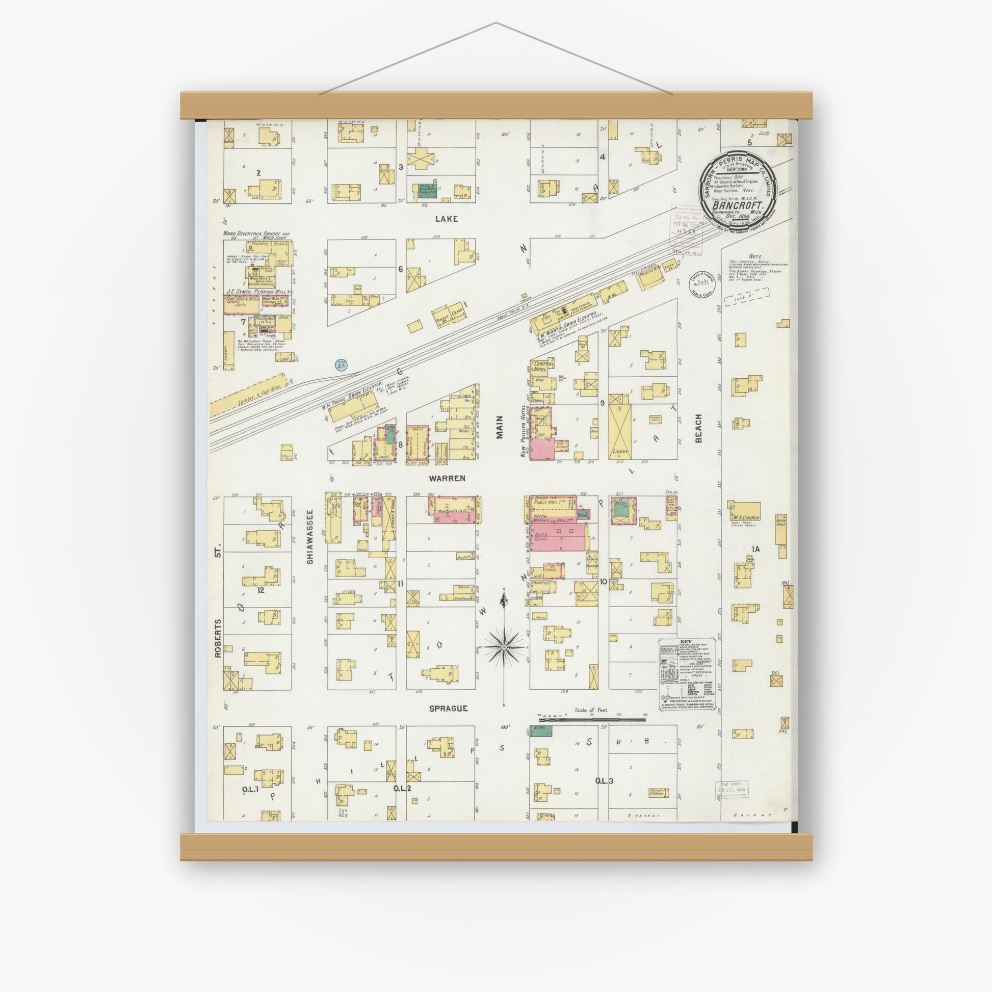 Old map wall art mockup — magnetic wood frame on white wall — Sanborn Fire Insurance Map from Bancroft, Shiawassee County, Michigan (1899), Sheet #0001