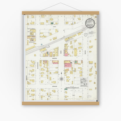 Old map wall art mockup — magnetic wood frame on white wall — Sanborn Fire Insurance Map from Bancroft, Shiawassee County, Michigan (1899), Sheet #0001