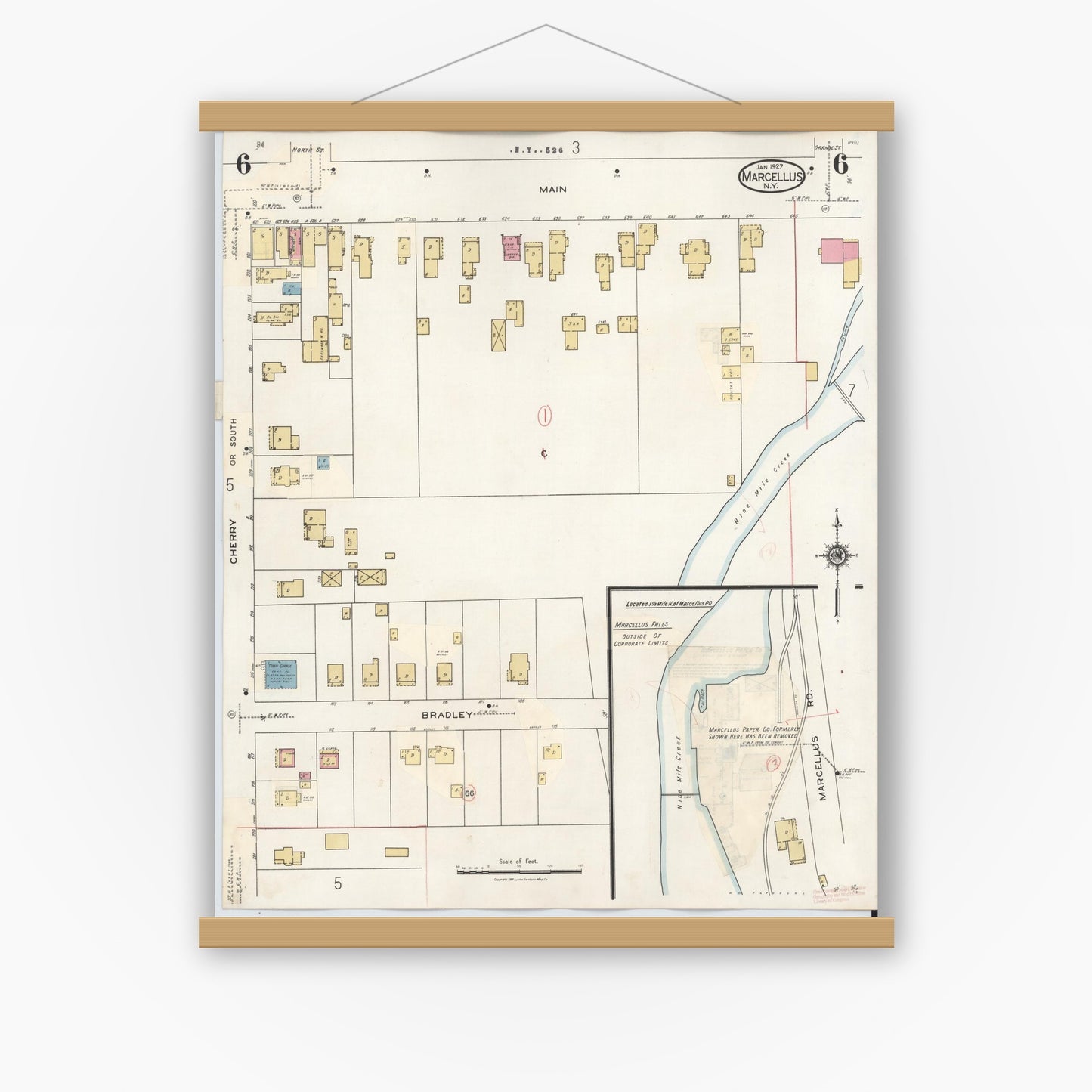 Old map wall art mockup — magnetic wood frame on white wall — Sanborn Fire Insurance Map from Marcellus, Onondaga County, New York (1937), Sheet #0006