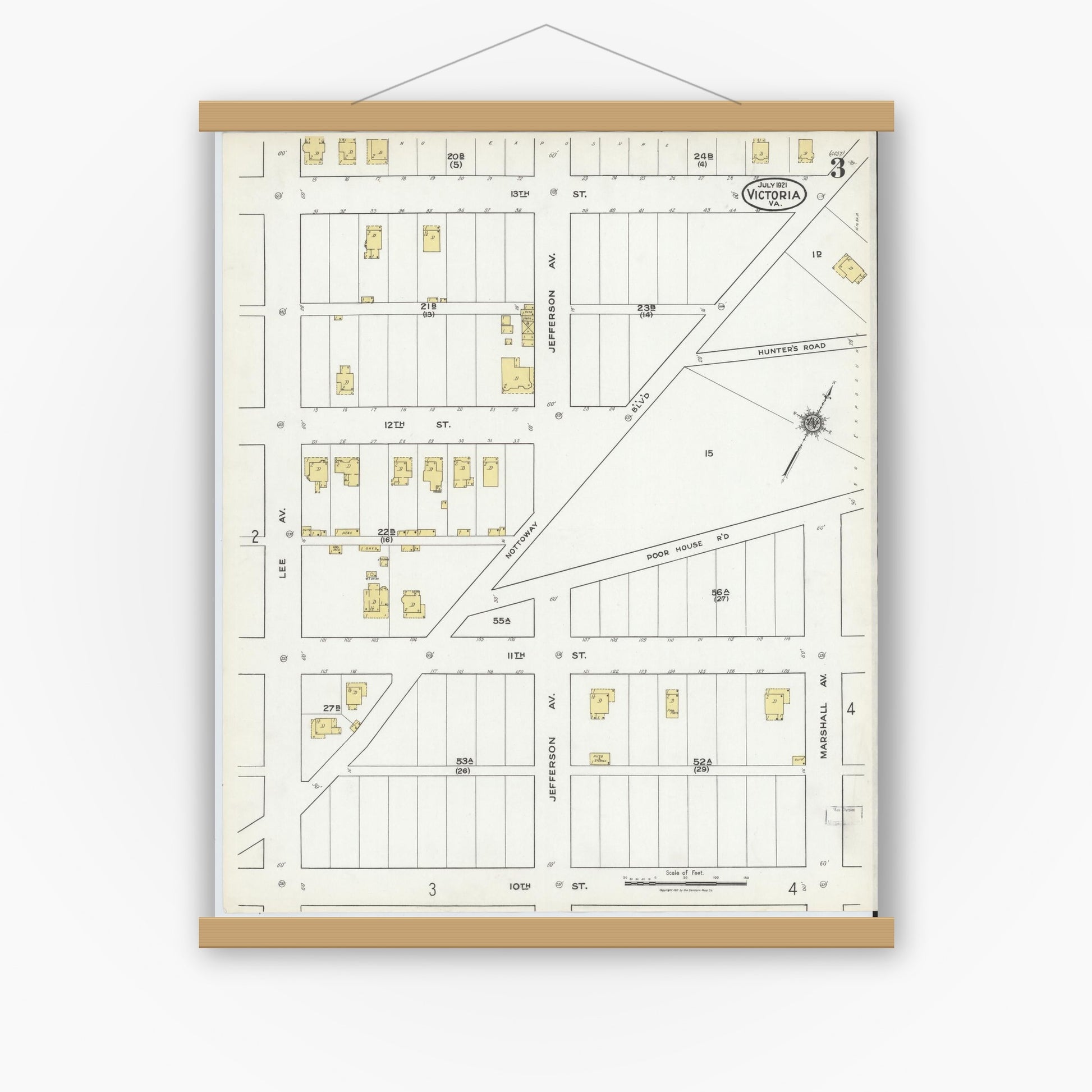 Old map wall art mockup — magnetic wood frame on white wall — Sanborn Fire Insurance Map from Victoria, Lunenburg County, Virginia (1921), Sheet #0003