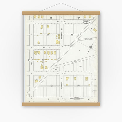 Old map wall art mockup — magnetic wood frame on white wall — Sanborn Fire Insurance Map from Victoria, Lunenburg County, Virginia (1921), Sheet #0003
