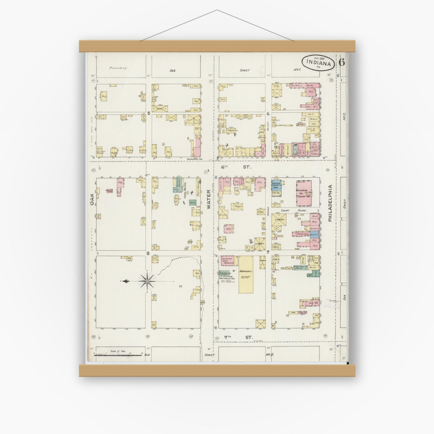 Old map wall art mockup — magnetic wood frame on white wall — Sanborn Fire Insurance Map from Indiana, Indiana County, Pennsylvania (1887), Sheet #0006