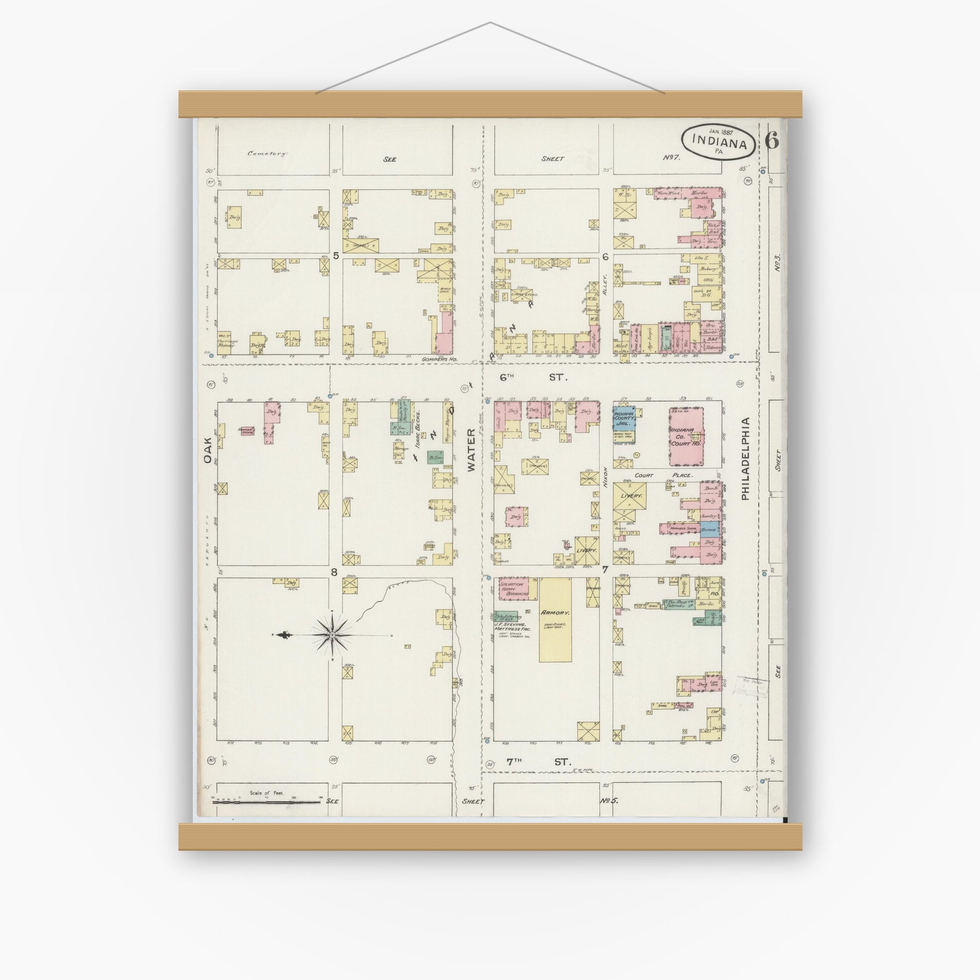Old map wall art mockup — magnetic wood frame on white wall — Sanborn Fire Insurance Map from Indiana, Indiana County, Pennsylvania (1887), Sheet #0006