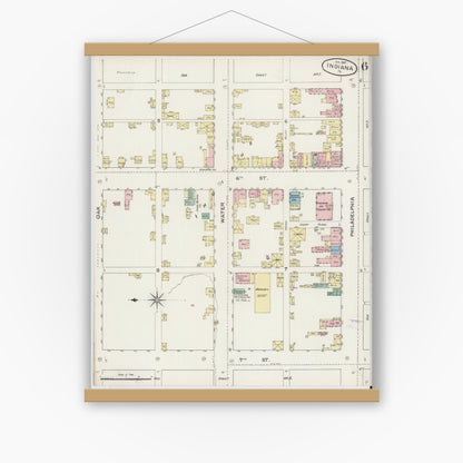 Old map wall art mockup — magnetic wood frame on white wall — Sanborn Fire Insurance Map from Indiana, Indiana County, Pennsylvania (1887), Sheet #0006
