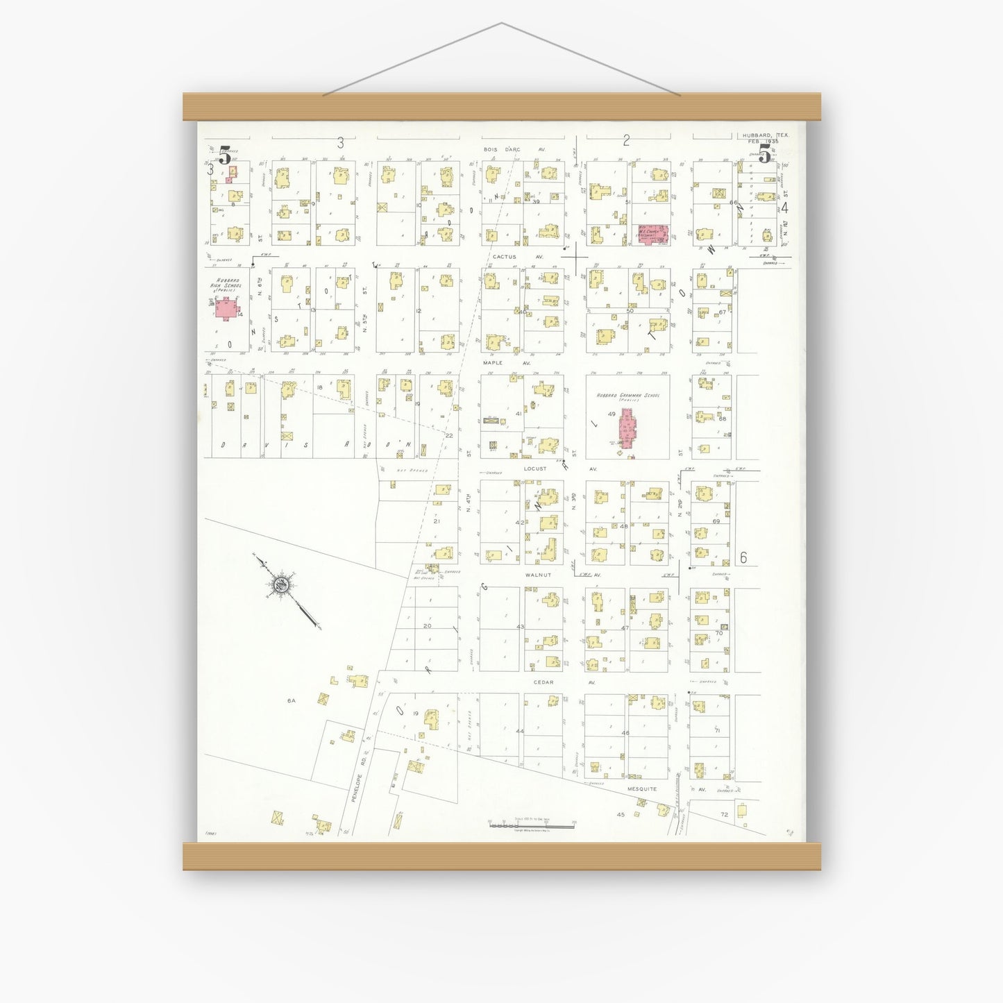 Old map wall art mockup — magnetic wood frame on white wall — Sanborn Fire Insurance Map from Hubbard, Hill County, Texas (1935), Sheet #0005